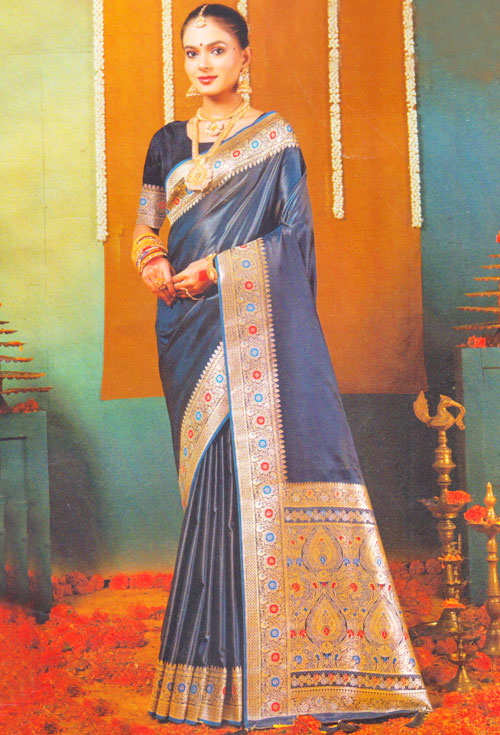 Sea Blue Color Kanjivaram Silk With Golden Zari Work
